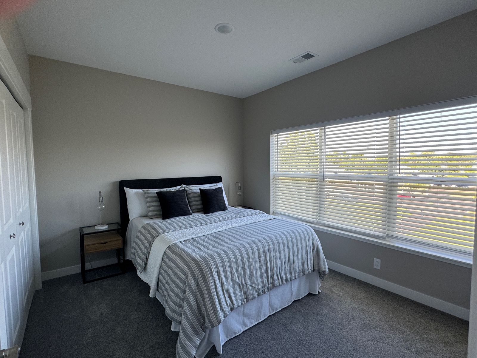 Primary bedroom with large window and carpet