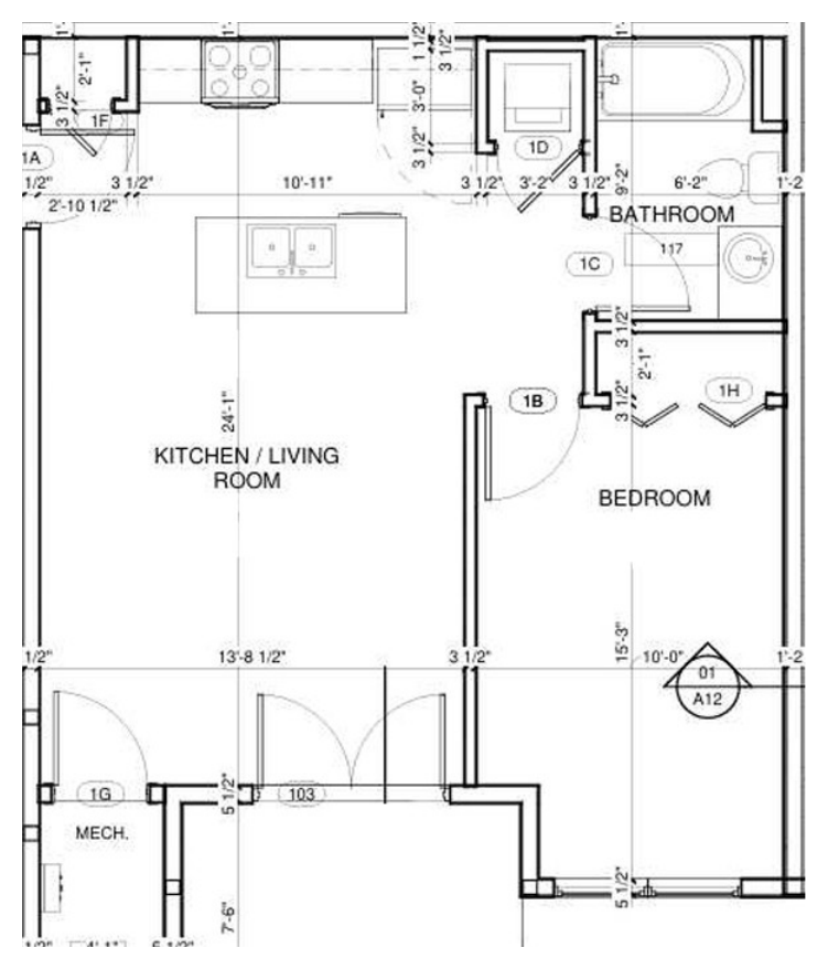 One bedroom, 700 sq. ft. floor plan