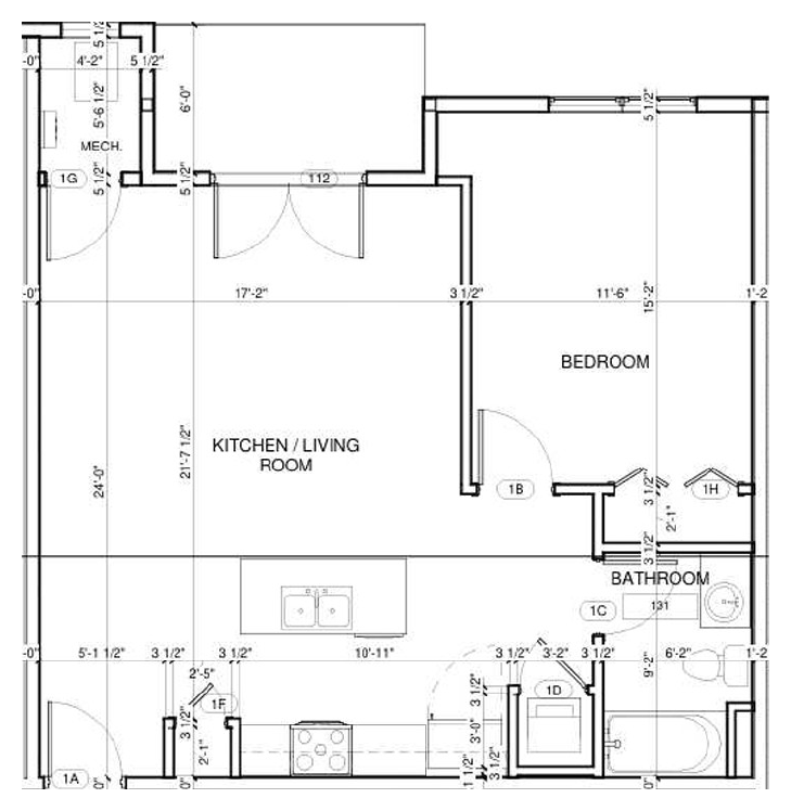One bedroom, 830 sq. ft. floor plan