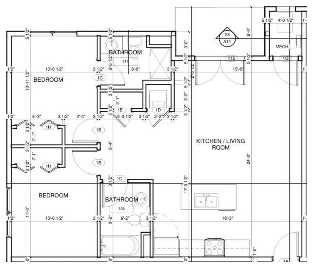 Two bedroom, 1,010 sq. ft. floor plan